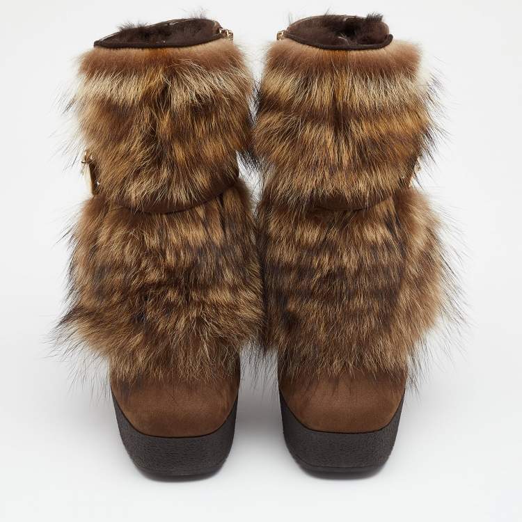 Pre Owned Fendi Brown Nubuck Leather and Raccoon Fur Platform Ankle Boots Size 37.5