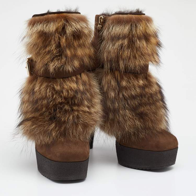 Pre Owned Fendi Brown Nubuck Leather and Raccoon Fur Platform Ankle Boots Size 37.5