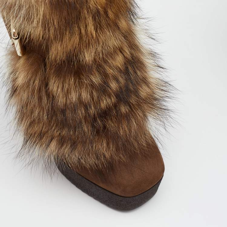 Pre Owned Fendi Brown Nubuck Leather and Raccoon Fur Platform Ankle Boots Size 37.5