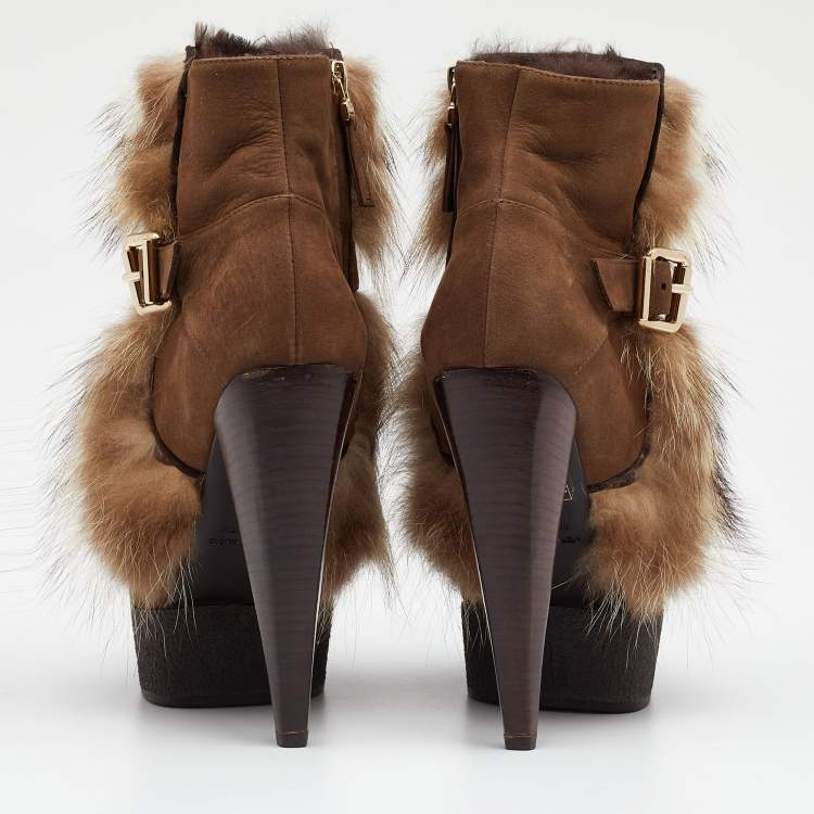Pre Owned Fendi Brown Nubuck Leather and Raccoon Fur Platform Ankle Boots Size 37.5