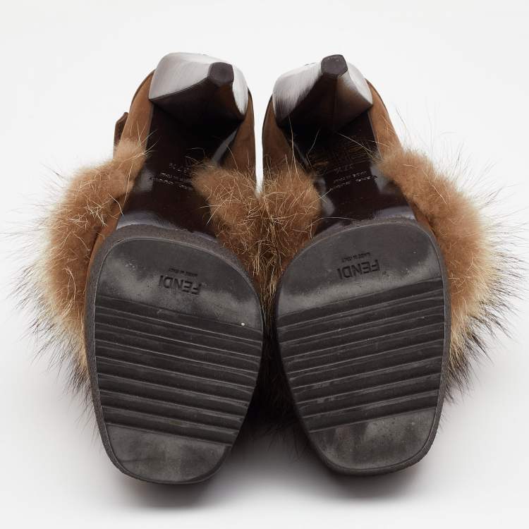 Pre Owned Fendi Brown Nubuck Leather and Raccoon Fur Platform Ankle Boots Size 37.5