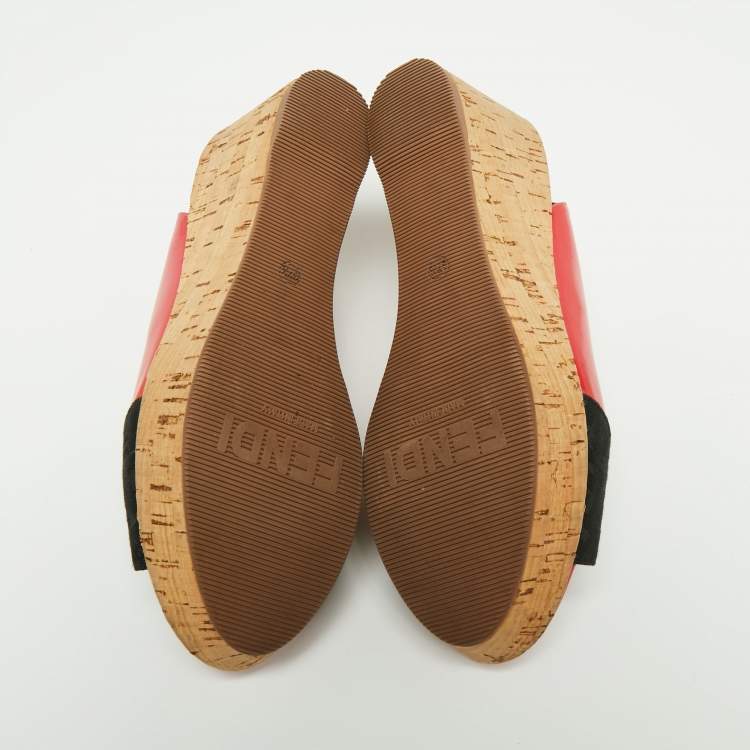 Pre Owned Fendi Pink/Black Zucca Canvas And Patent Leather Cork Platform Wedge Slingback Sandals Size 37.5