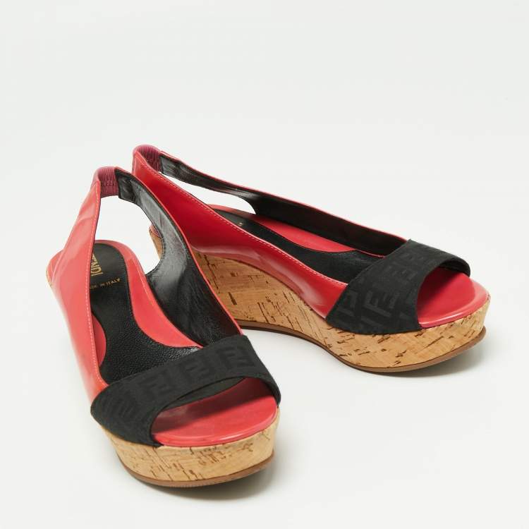 Pre Owned Fendi Pink/Black Zucca Canvas And Patent Leather Cork Platform Wedge Slingback Sandals Size 37.5