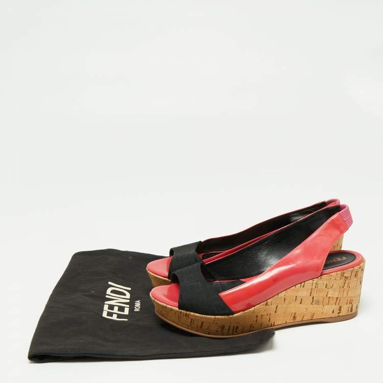 Pre Owned Fendi Pink/Black Zucca Canvas And Patent Leather Cork Platform Wedge Slingback Sandals Size 37.5