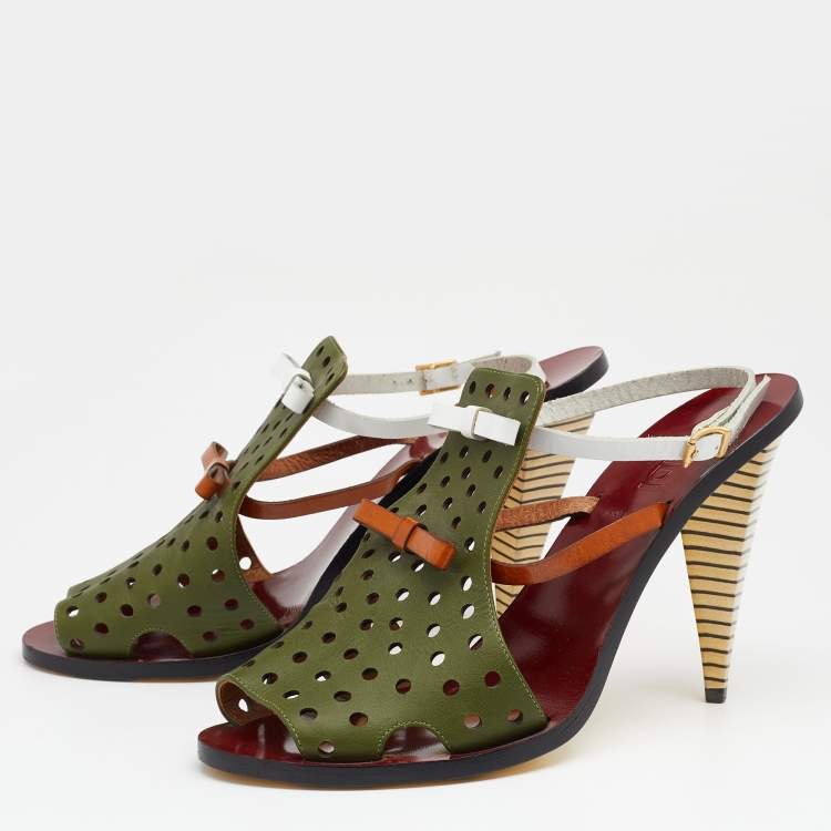 Pre Owned Fendi Multicolor Perforated Leather Bow Slingback Sandals Size 39.5