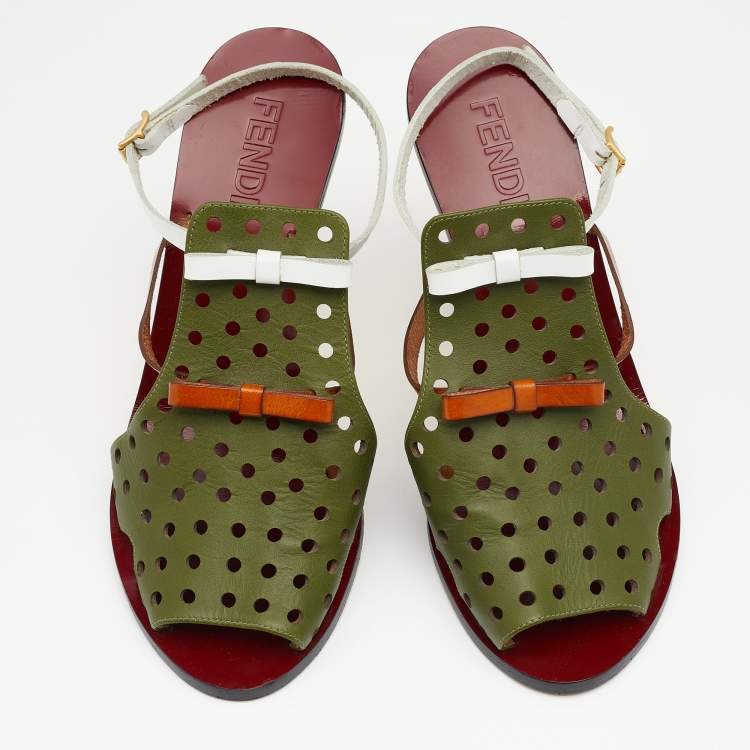 Pre Owned Fendi Multicolor Perforated Leather Bow Slingback Sandals Size 39.5