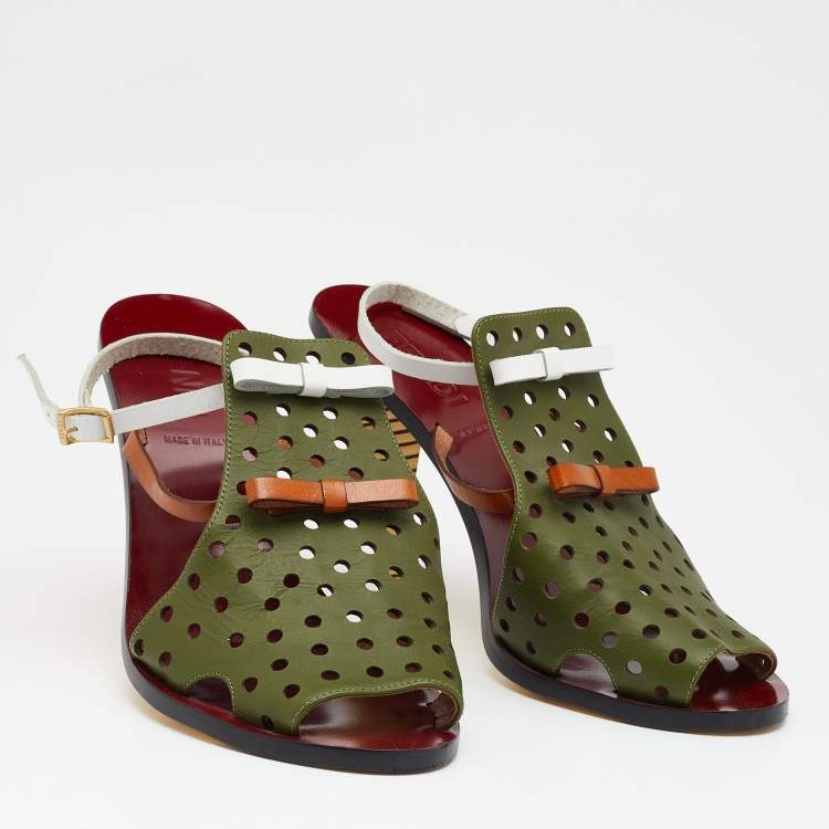 Pre Owned Fendi Multicolor Perforated Leather Bow Slingback Sandals Size 39.5