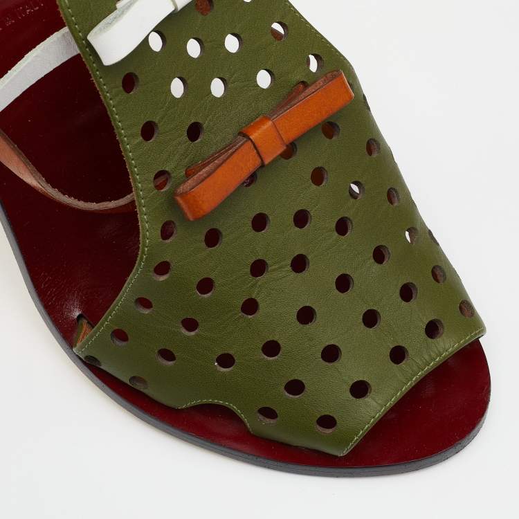 Pre Owned Fendi Multicolor Perforated Leather Bow Slingback Sandals Size 39.5