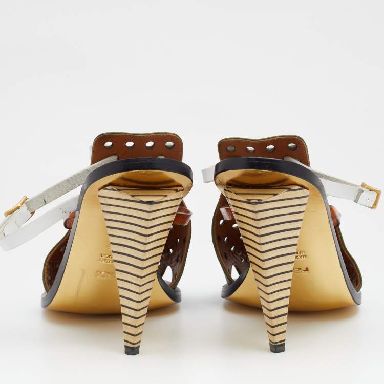 Pre Owned Fendi Multicolor Perforated Leather Bow Slingback Sandals Size 39.5