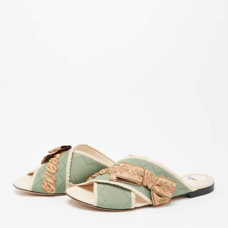 Pre Owned Fendi Green/Beige Knit Fabric Bow Cross Strap Open Toe Flats Size 37