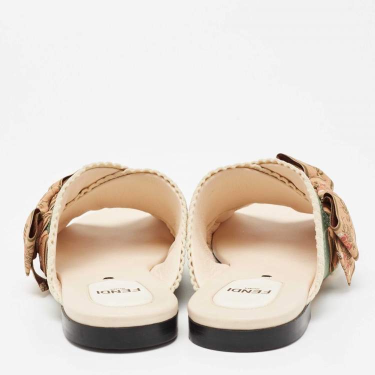 Pre Owned Fendi Green/Beige Knit Fabric Bow Cross Strap Open Toe Flats Size 37