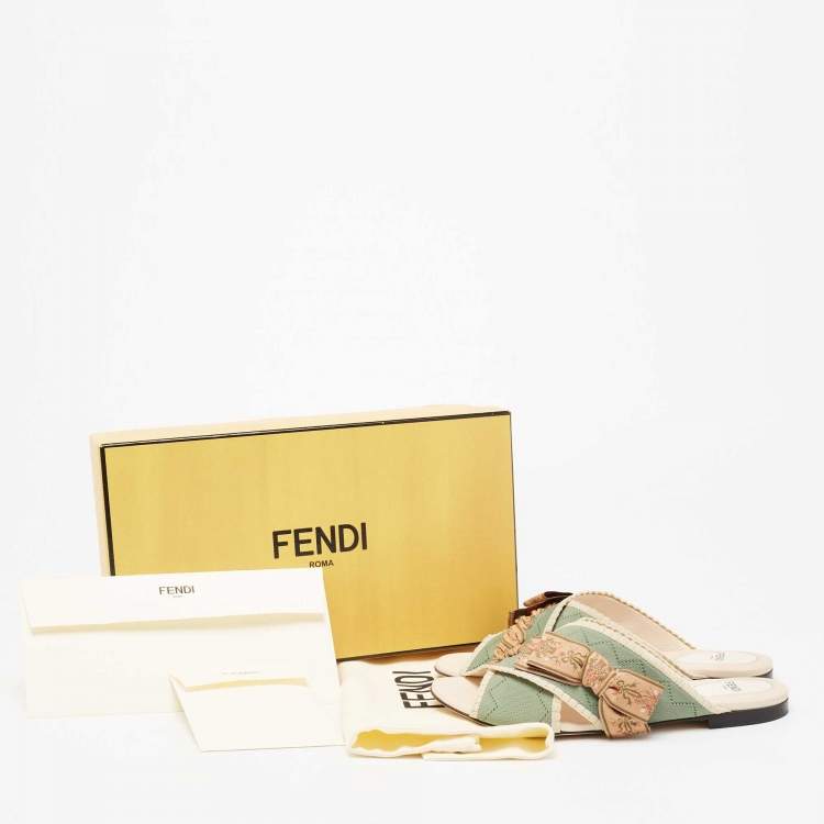 Pre Owned Fendi Green/Beige Knit Fabric Bow Cross Strap Open Toe Flats Size 37