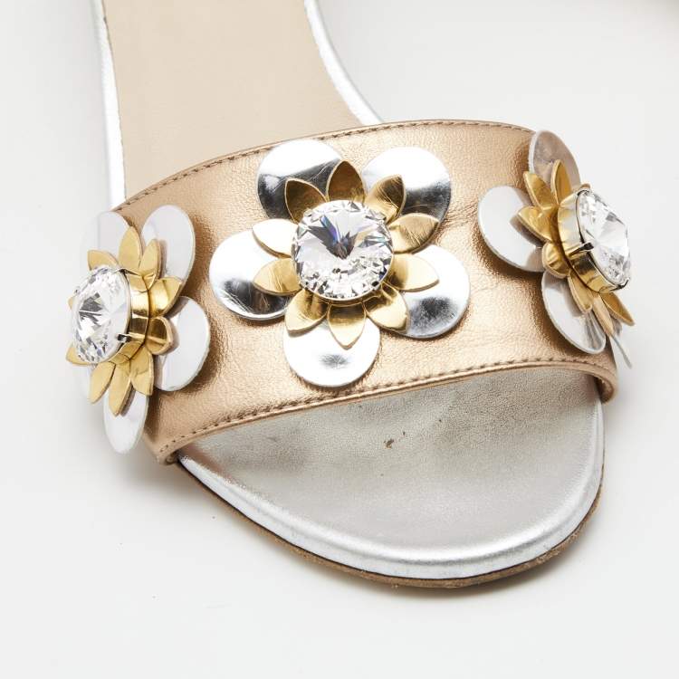 Pre Owned Fendi Metallic Bronze/Silver Leather Flowerland Sandals Size 38