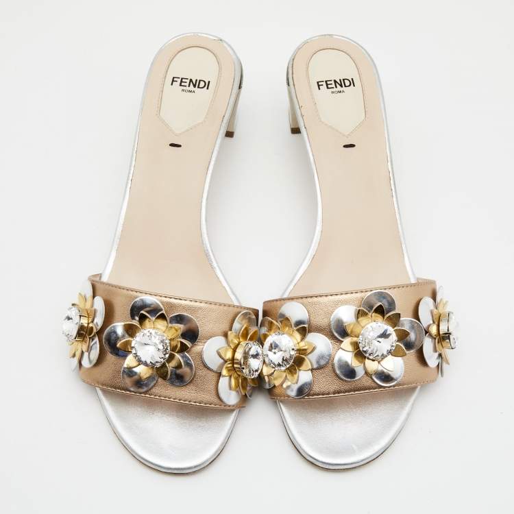 Pre Owned Fendi Metallic Bronze/Silver Leather Flowerland Sandals Size 38