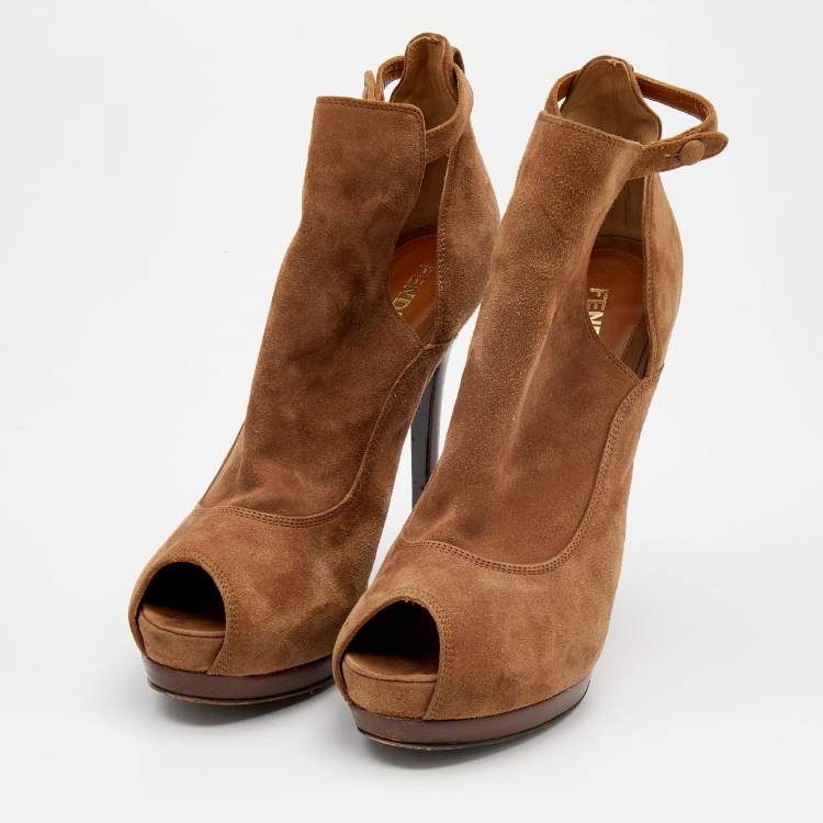 Pre Owned Fendi Brown Suede Peep Toe Platform Booties Size 38.5