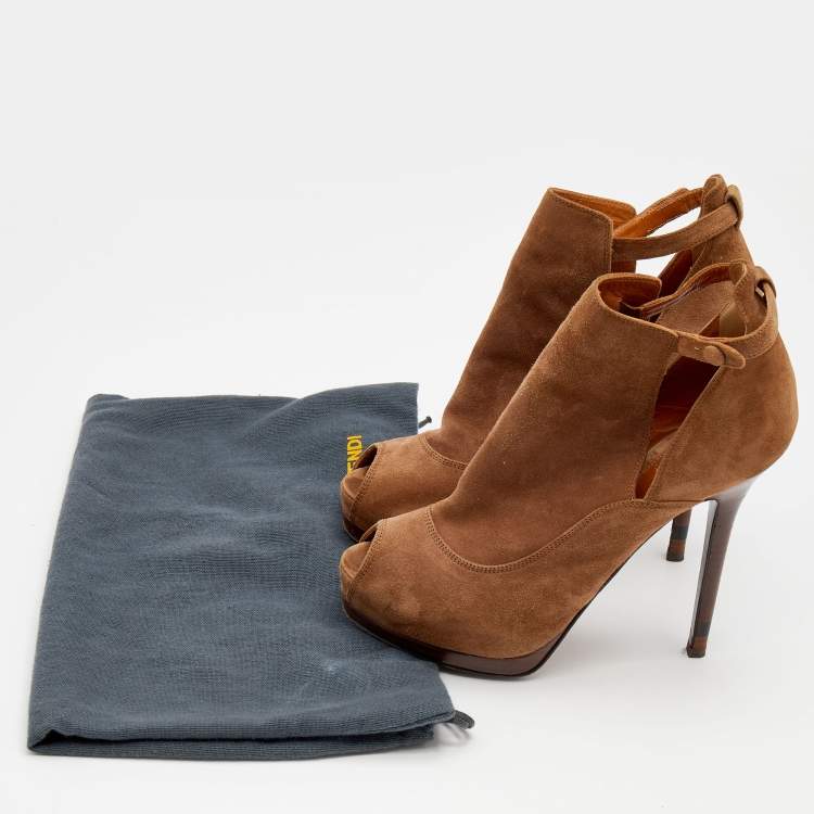 Pre Owned Fendi Brown Suede Peep Toe Platform Booties Size 38.5