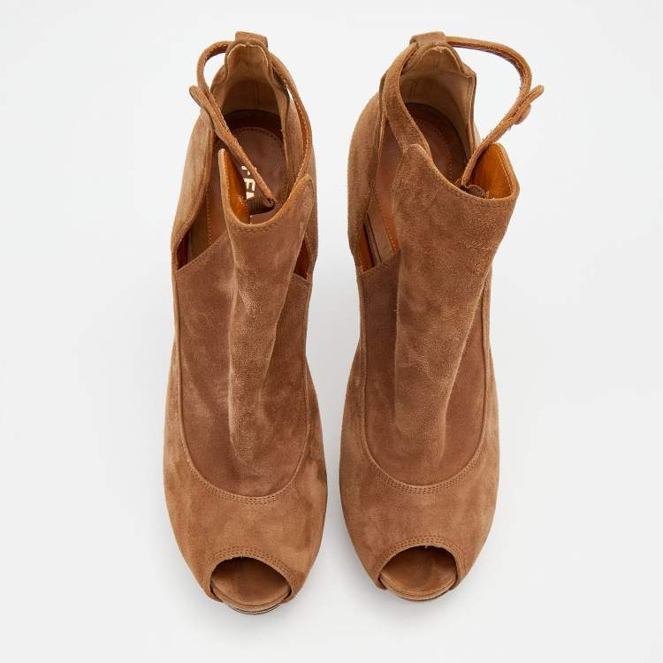 Pre Owned Fendi Brown Suede Peep Toe Platform Booties Size 38.5