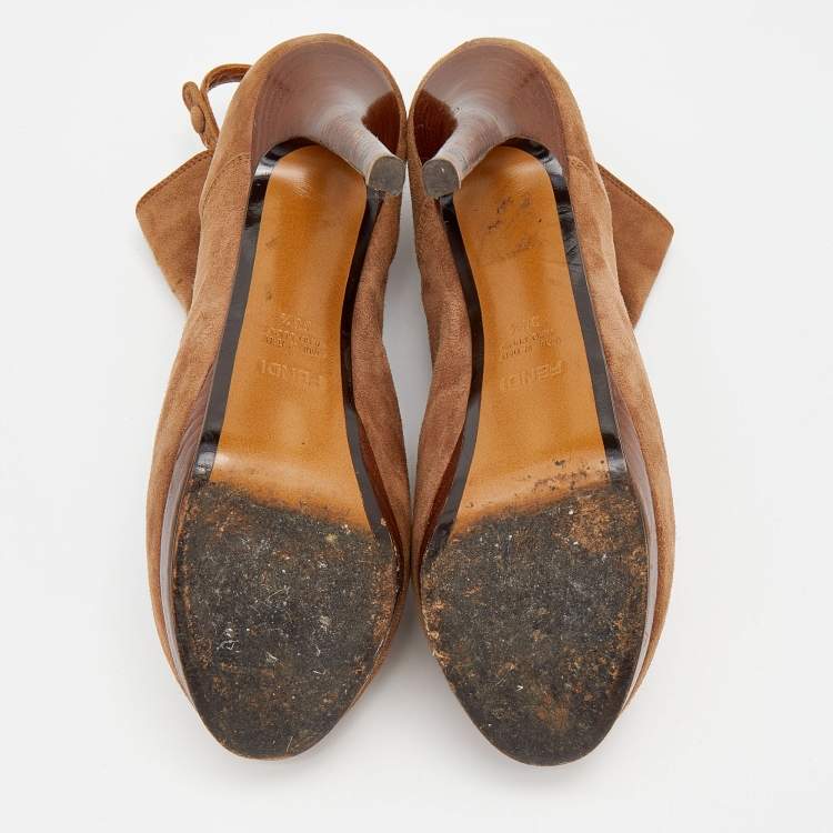 Pre Owned Fendi Brown Suede Peep Toe Platform Booties Size 38.5
