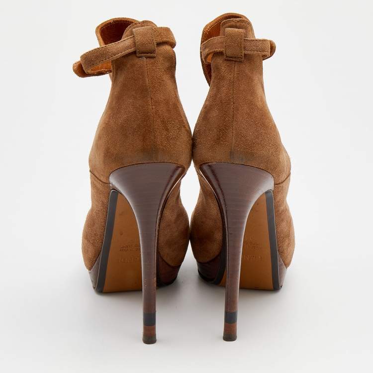 Pre Owned Fendi Brown Suede Peep Toe Platform Booties Size 38.5