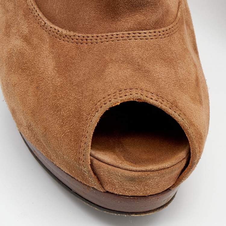 Pre Owned Fendi Brown Suede Peep Toe Platform Booties Size 38.5