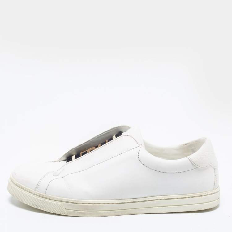 Pre Owned Fendi White Leather Knitted Logo Rockoclick Slip-On Sneakers Size 38