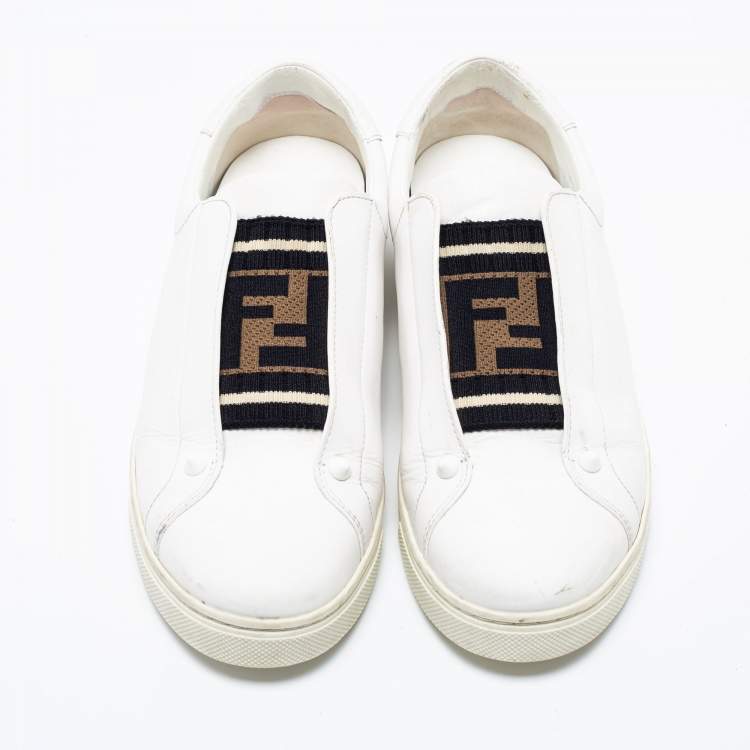 Pre Owned Fendi White Leather Knitted Logo Rockoclick Slip-On Sneakers Size 38