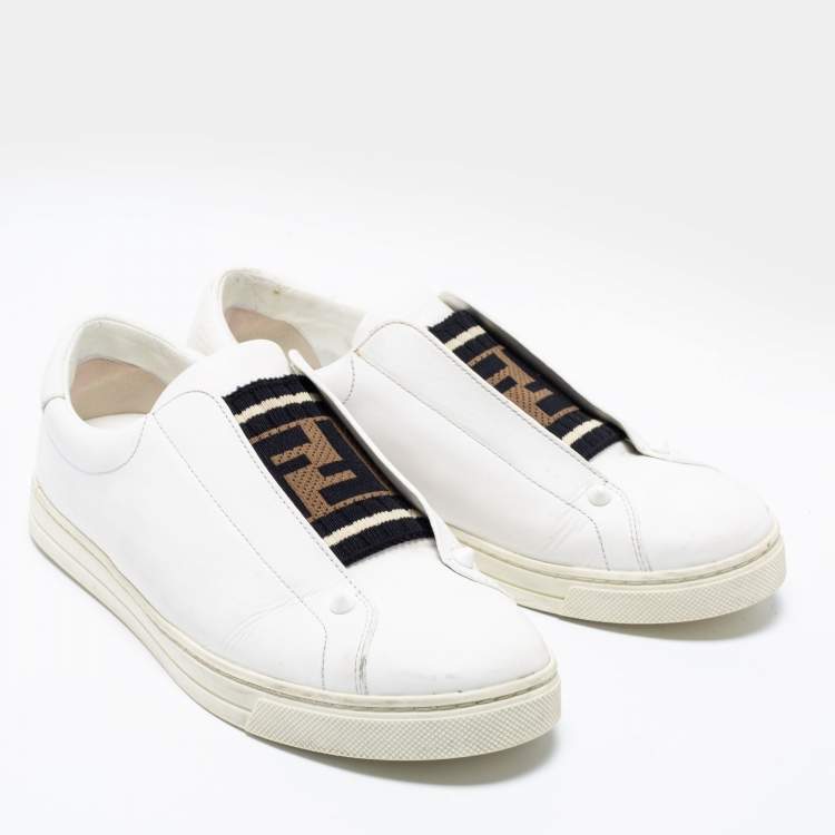Pre Owned Fendi White Leather Knitted Logo Rockoclick Slip-On Sneakers Size 38