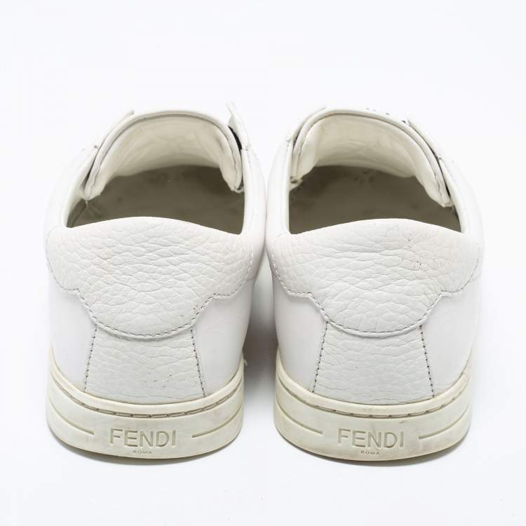 Pre Owned Fendi White Leather Knitted Logo Rockoclick Slip-On Sneakers Size 38