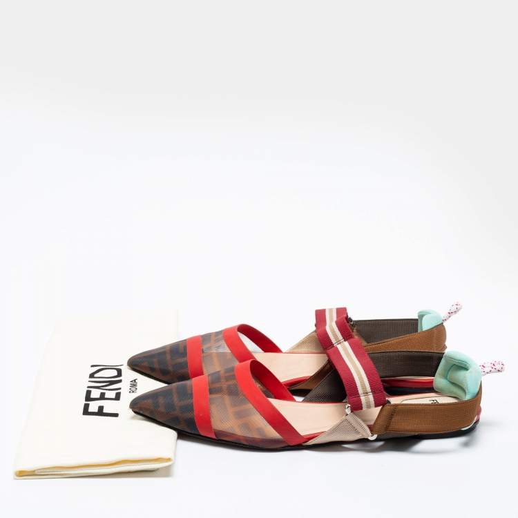Pre Owned Fendi Multicolor Zucca Mesh, Fabric and Leather Colibri Slingback Flat Sandals Size 40.5