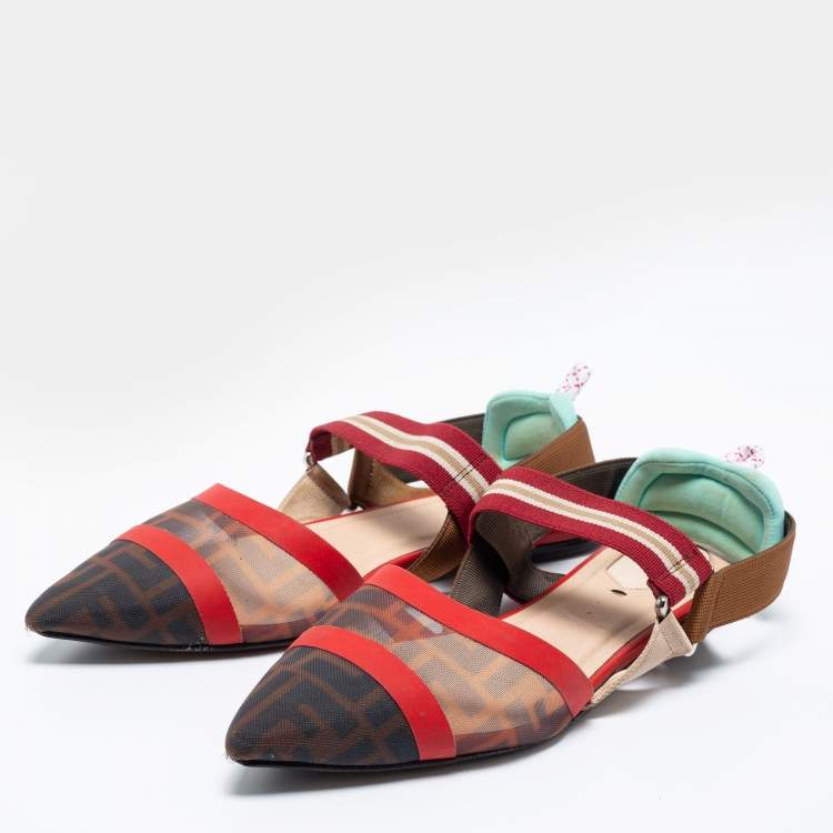 Pre Owned Fendi Multicolor Zucca Mesh, Fabric and Leather Colibri Slingback Flat Sandals Size 40.5