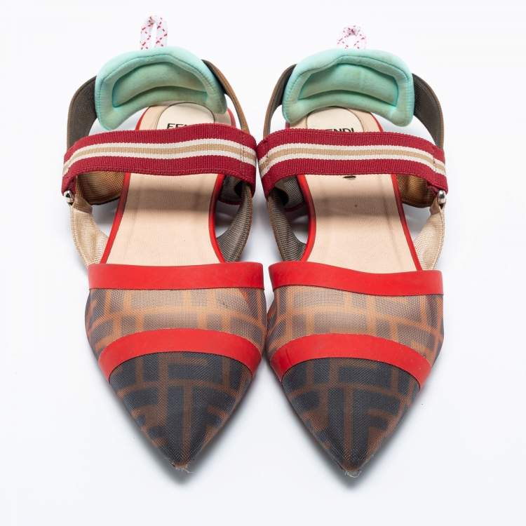 Pre Owned Fendi Multicolor Zucca Mesh, Fabric and Leather Colibri Slingback Flat Sandals Size 40.5
