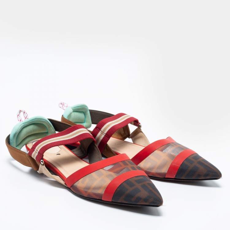 Pre Owned Fendi Multicolor Zucca Mesh, Fabric and Leather Colibri Slingback Flat Sandals Size 40.5