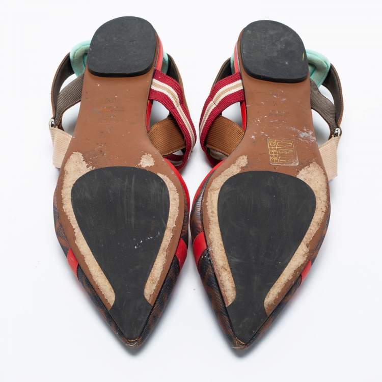 Pre Owned Fendi Multicolor Zucca Mesh, Fabric and Leather Colibri Slingback Flat Sandals Size 40.5