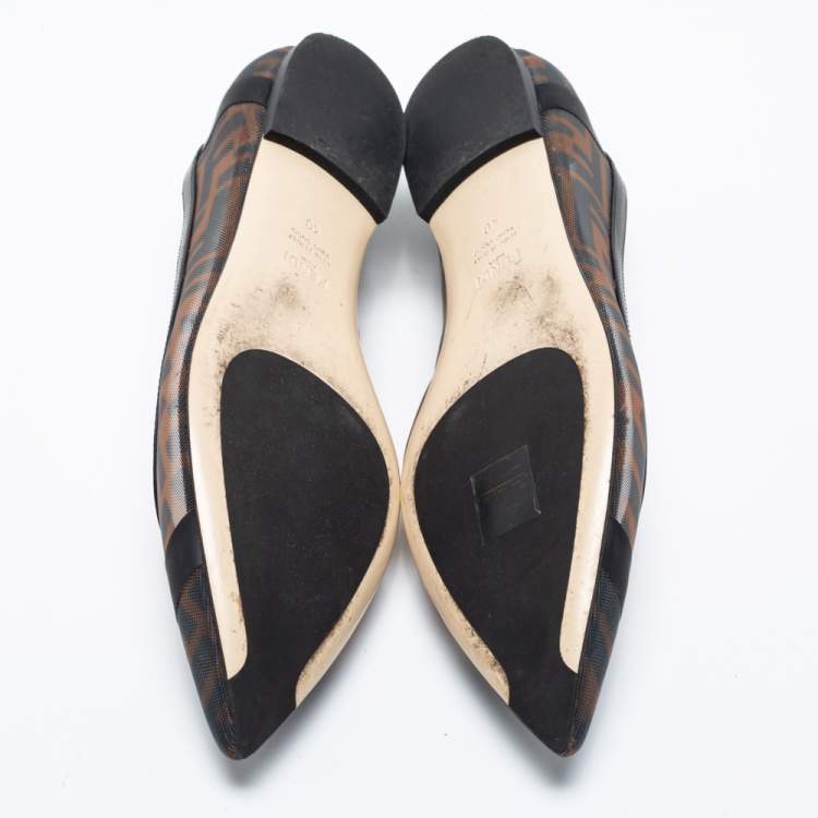 Pre Owned Fendi Brown/Black Zucca Mesh and Leather Colibri Ballet Flats Size 40