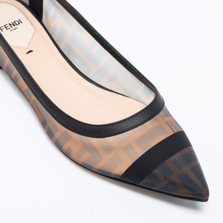 Pre Owned Fendi Brown/Black Zucca Mesh and Leather Colibri Ballet Flats Size 40