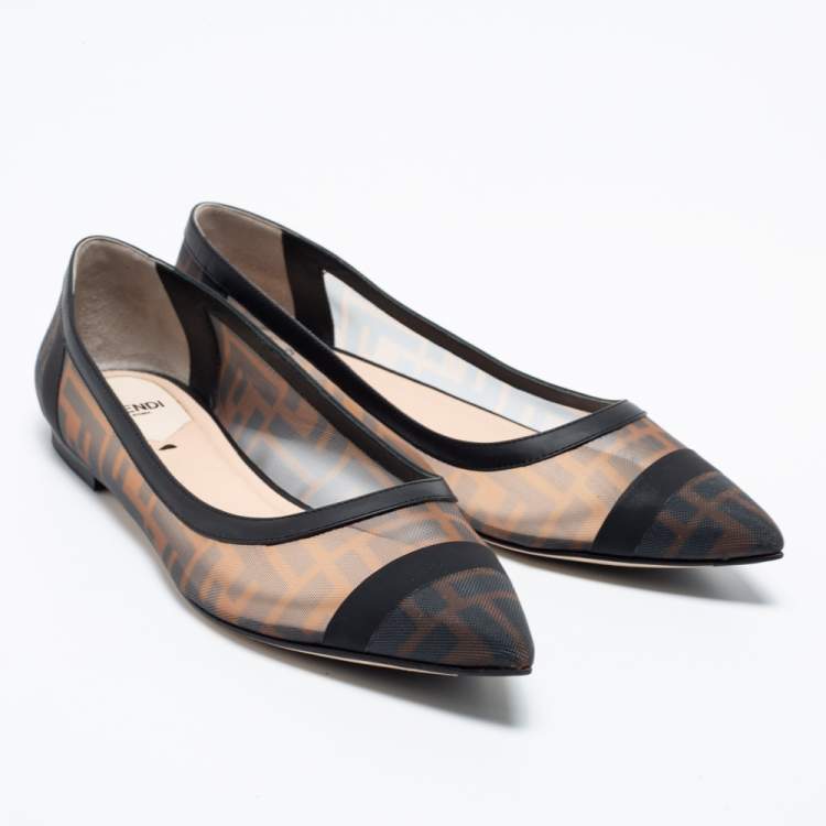 Pre Owned Fendi Brown/Black Zucca Mesh and Leather Colibri Ballet Flats Size 40