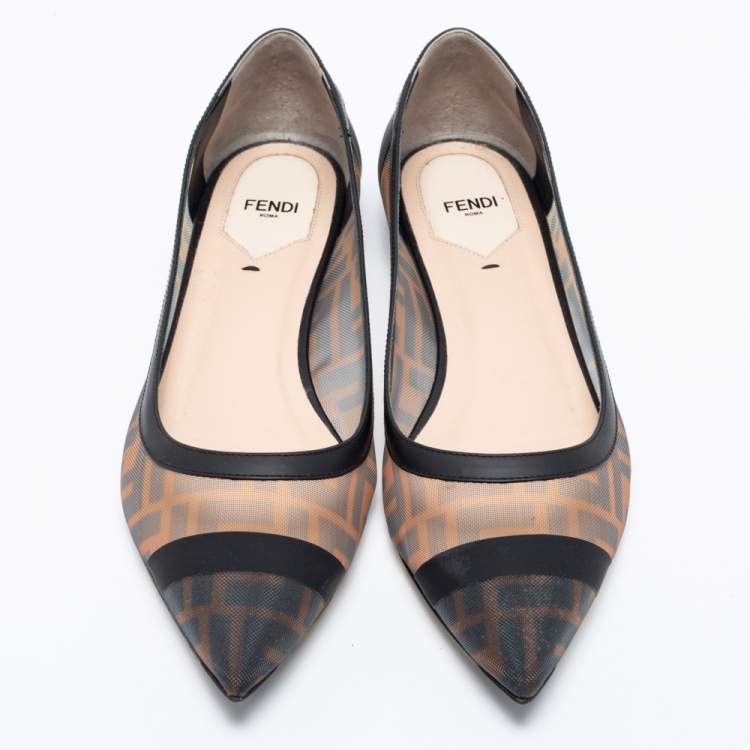 Pre Owned Fendi Brown/Black Zucca Mesh and Leather Colibri Ballet Flats Size 40