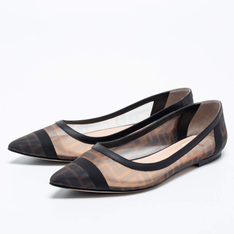 Pre Owned Fendi Brown/Black Zucca Mesh and Leather Colibri Ballet Flats Size 40