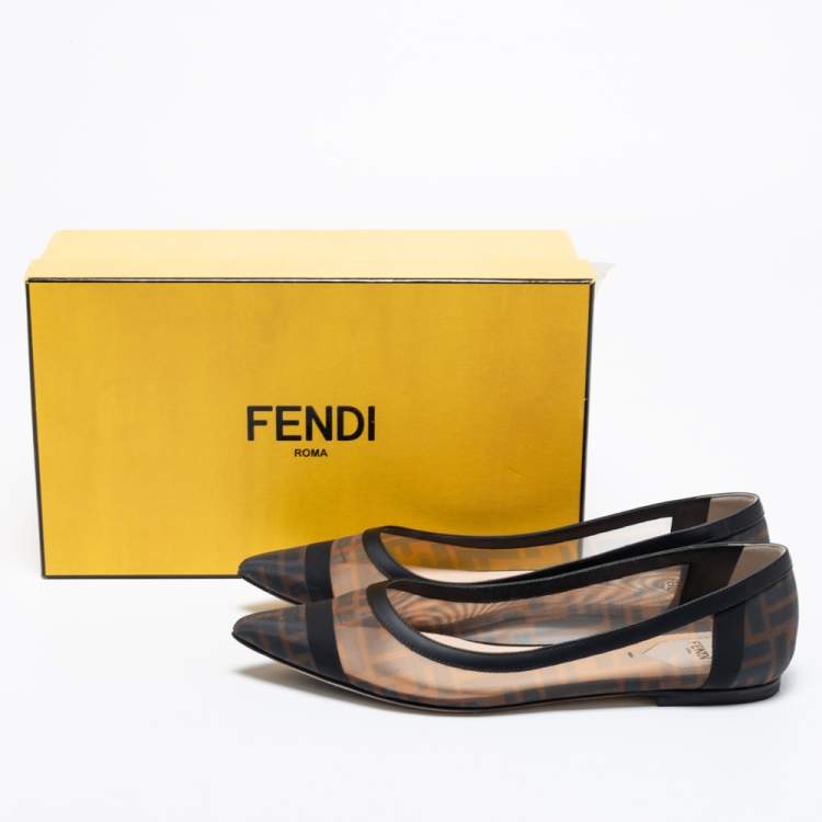 Pre Owned Fendi Brown/Black Zucca Mesh and Leather Colibri Ballet Flats Size 40