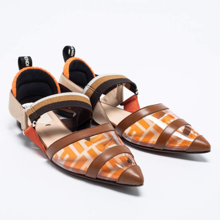 Pre Owned Fendi Orange/Brown Zucca PVC and Leather Colibri Slingback Flat Sandals Size 35