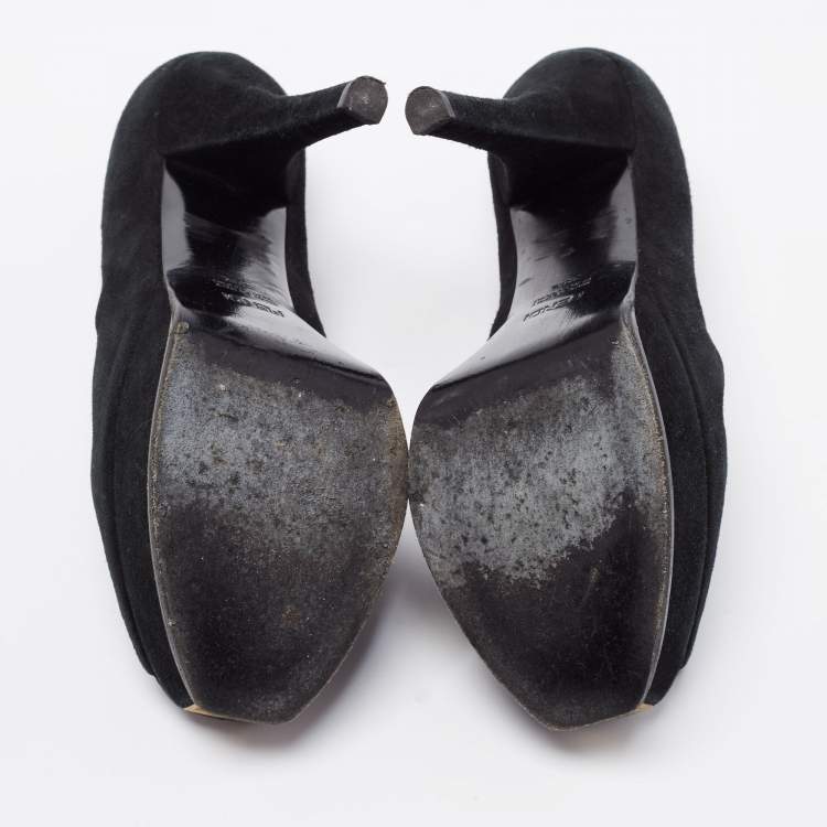 Pre Owned Fendi Black Suede Fendista Peep-Toe Platform Pumps Size 38.5