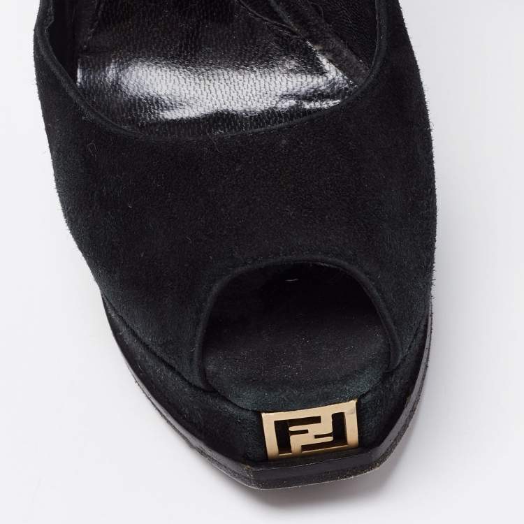 Pre Owned Fendi Black Suede Fendista Peep-Toe Platform Pumps Size 38.5