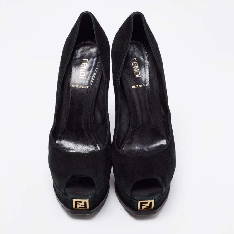 Pre Owned Fendi Black Suede Fendista Peep-Toe Platform Pumps Size 38.5