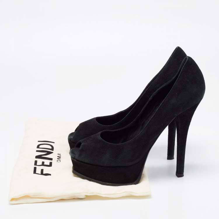 Pre Owned Fendi Black Suede Fendista Peep-Toe Platform Pumps Size 38.5