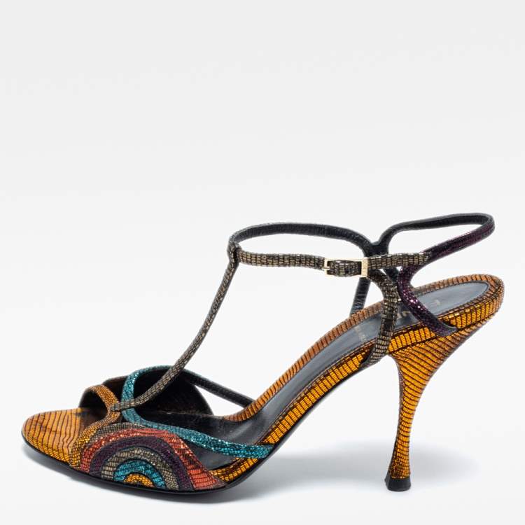 Pre Owned Fendi Multicolor Metallic Leather Ankle Strap Sandals Size 39