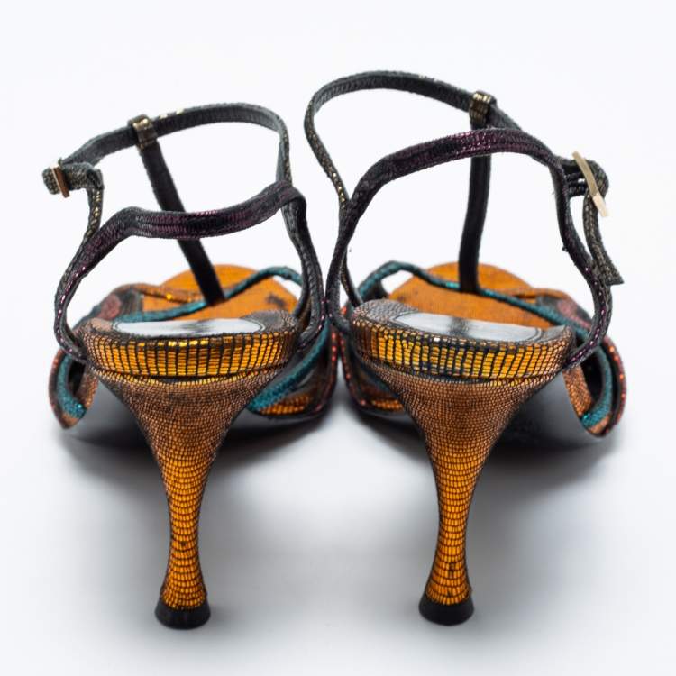 Pre Owned Fendi Multicolor Metallic Leather Ankle Strap Sandals Size 39