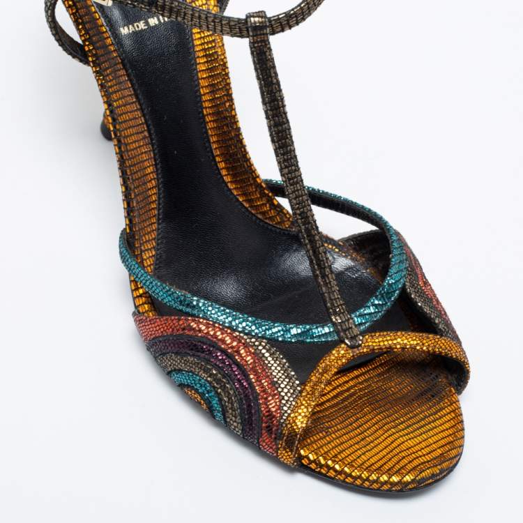 Pre Owned Fendi Multicolor Metallic Leather Ankle Strap Sandals Size 39