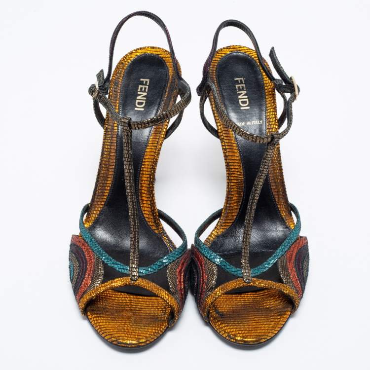 Pre Owned Fendi Multicolor Metallic Leather Ankle Strap Sandals Size 39