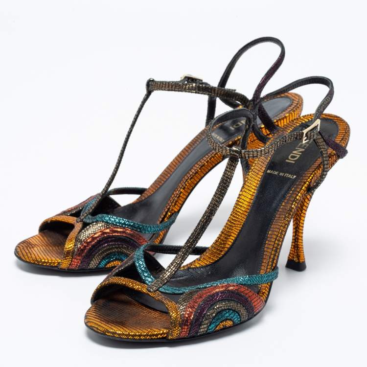 Pre Owned Fendi Multicolor Metallic Leather Ankle Strap Sandals Size 39