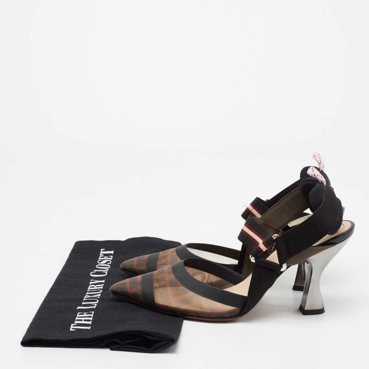 Pre Owned Fendi Black/Brown Mesh  And Canvas Colibri Slingback Pumps  Size 37